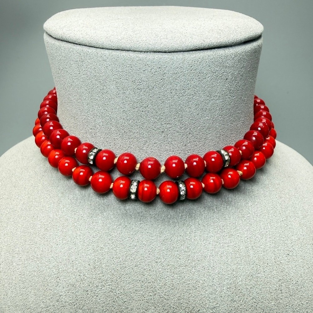 Vintage Red Glass Bead Choker Necklace 11-13" Double Strand Rhinestones